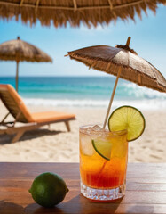 Ice-cold tropical drink with condensation on a beach table, tiny umbrella and slice of lime, ocean view in the distance under a blazing summer sun.