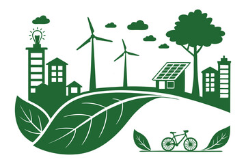 Green city eco concept with wind turbines, solar panels, and bicycle promoting sustainable urban living. Renewable energy and nature coexist in harmony. Ideal for environmental awareness visuals.