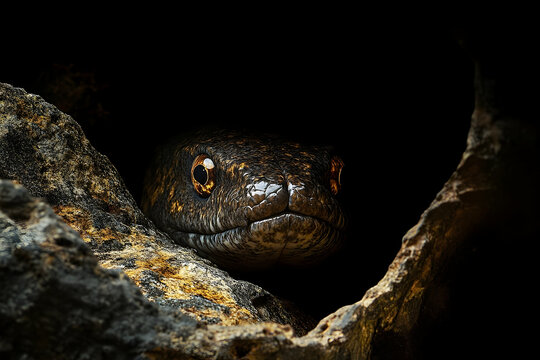 Close-up of a snake emerging from a rocky crevice.