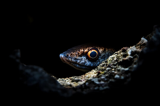 Close-up of a  snakefish emerging from a dark crevice.