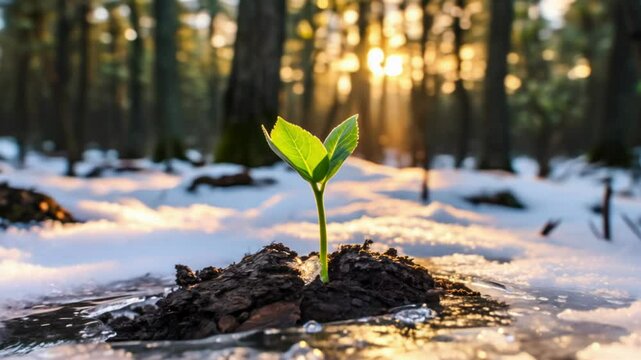 Moving timelapse video of a small green plant being born and growing in the snow in spring. Concept of birth, creation and growth.