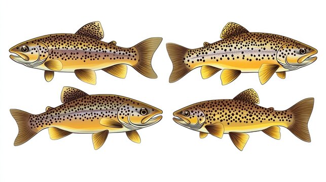 Four brown trout illustrations, aquatic life, fishing guide