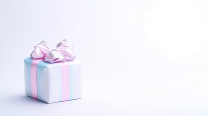 Obraz premium A beautifully wrapped gift box with pink and white ribbons, placed on a clean white background, minimalistic composition, and celebration concept.