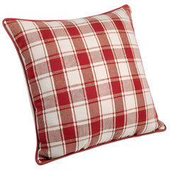 Square decorative pillow with red and white plaid pattern, soft fabric home decor cushion for interior design isolated on transparent background.