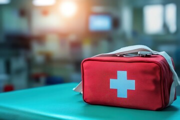 Red first-aid kit sits on a teal surface in a medical setting.