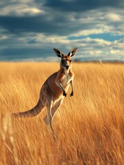 Kangaroos jumping in the golden grassland under the sunshine