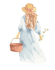 Watercolor illustration of young woman wtih brown long hair wear vintage style blue dress and hat and hold basket in hand and bouquet of wildflowers daisies in another isolated on white background.