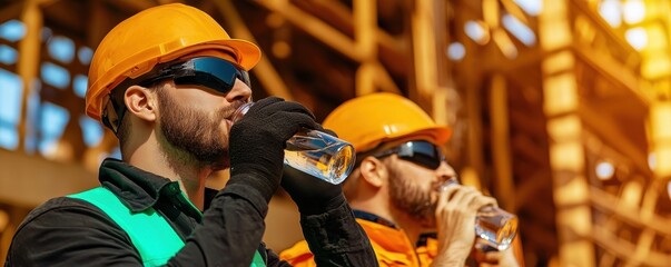 Workers Hydrating on Construction Site Urban Area Action Scene Daylight Focused Angle Health Awareness