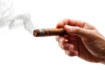 Hand holding a cigar with smoke, capturing the essence of luxury and power in a minimalist setting