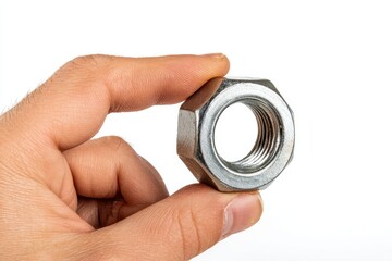Hand holding a metal nut emphasizing engineering design and mechanical components in a clear setting