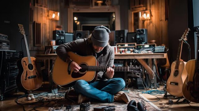 Concentrated musician composing a new song playing his acoustic guitar sitting on a carpet in a recording studio