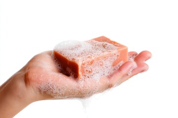 Fototapeta premium Hand holding bar of soap with foam showcasing hygiene and freshness on a white background