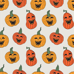Seamless pattern with cute hand drawn Halloween jack-o-lantern pumpkins. Line art spooky repeat background.