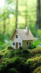 Eco-Friendly House Model on Moss with Nature Background
