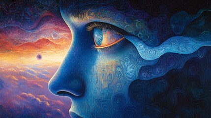 Cosmic Dream with Face, Galaxy, and Art.