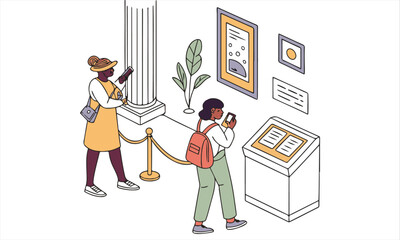 Illustration of Diverse Visitors at a Museum Enjoying Art and History – Flat Cartoon Vector Style on White Background.