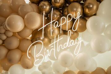 Happy birthday neon sign with balloons. Trendy style. Happy Birthday background. Neon sign. Custom...