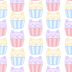 Seamless pattern of kawaii cat cupcakes in pastel striped wrappers on white background. Cute dessert design for print, textile, party, kids packaging, baby shower invites, fabric, birthday cards