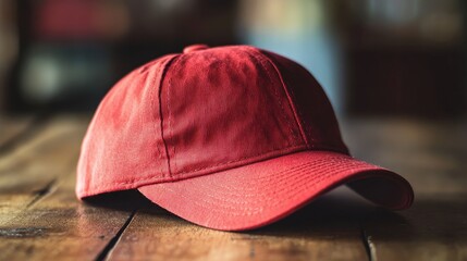 A classic red baseball cap resting on a wooden table, with natural lighting enhancing the fabric texture and stitching details.