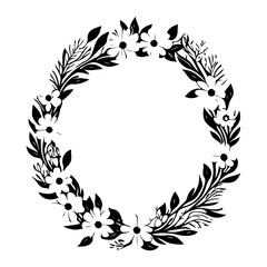 Floral Wreath Silhouette with Blossoms and Fronds
