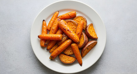 Roasted Carrots And Sweet Potatoes On A Plate With Grey Background