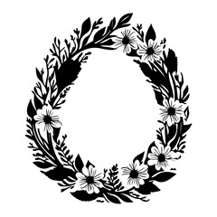 Floral Wreath in Black and White Silhouette