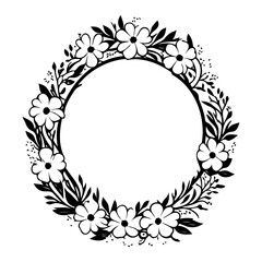 Floral Wreath Design, Black and White Illustration