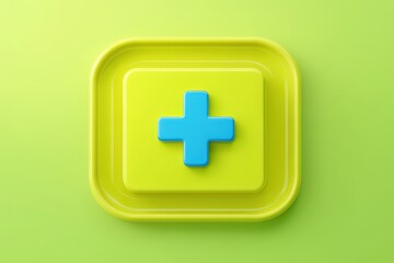 Obraz premium Bright yellow button with a teal plus symbol.