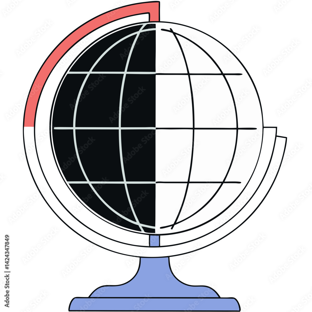 Poster a half-dark, half-light globe symbolizing global connection and contrasts, rendered in a minimalist 