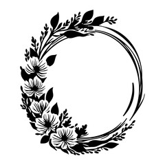 Floral Circle Frame with Blossoms Silhouette Art