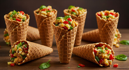 Fototapeta premium Savory Waffle Cones Filled With Vegetables and Chicken On Wooden Table