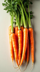Image of Fresh Organic Carrots with Green Tops on Neutral Background &ndash; Ideal for Healthy Food Ads, Packaging, Editorial Use, and Farm-to-Table Concepts