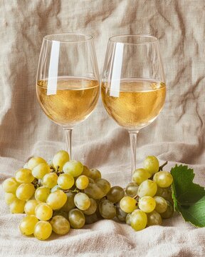 National Wine Day Celebration. Two elegant glasses of white wine sit beside a cluster of fresh green grapes on a textured beige background.