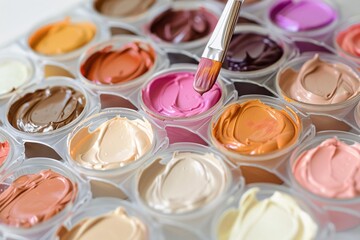 Naklejka premium Close-up of a colorful paint palette with a paintbrush