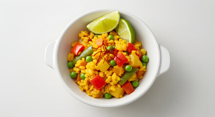 Delicious Vegetarian Paella With Vibrant Vegetables And Fresh Lime Slices