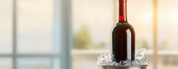 National Wine Day Celebration. A chilled bottle of red wine sits in an ice bucket, reflecting a soft, warm atmosphere in a bright setting.