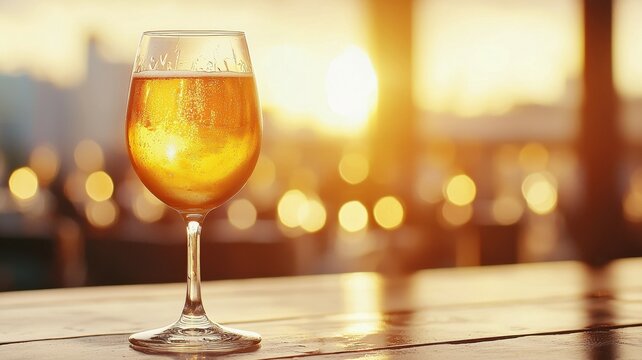 National Wine Day Celebration. A sparkling drink in a glass sits on a wooden table, illuminated by warm sunset light, with soft bokeh in the background.
