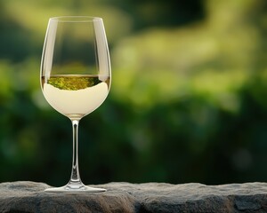 National Wine Day Celebration. A glass of white wine sits on a stone surface, reflecting greenery in the background, evoking a tranquil outdoor setting.