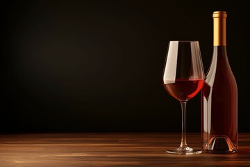 National Wine Day Celebration. A wine bottle and a glass filled with red wine sit on a wooden surface, illuminated against a dark background, creating a sophisticated and elegant atmosphere.