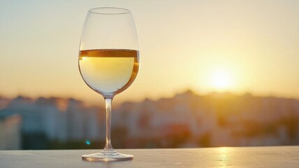National Wine Day Celebration. A wine glass filled with white wine sits against a sunset backdrop, creating a serene and elegant atmosphere.