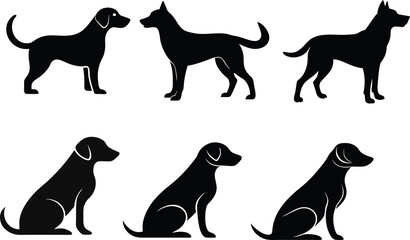 A black vector icon set featuring various dog silhouettes in different poses and styles, perfect for pet designs, logos, labels, and animal-themed graphics.