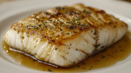 Golden Brown Seared Fish Fillet on White Plate