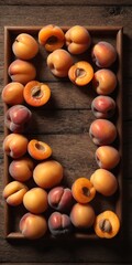 Apricot fruits on wooden rustic table. Top view flat lay