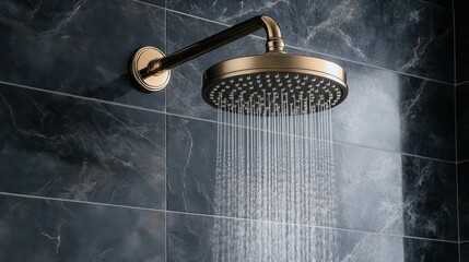 Showerhead sprays water against a dark tiled wall