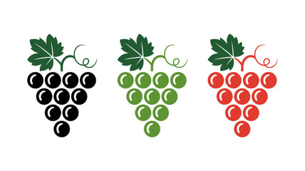 Grape Icons Set: A set of three stylized grape icons in black, green, and red, perfect for wine labels, vineyard branding, or any project related to viticulture.  