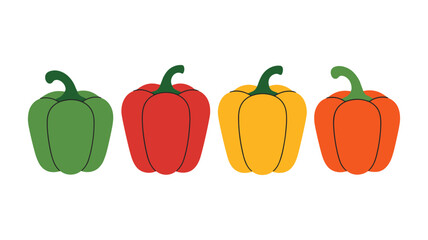 Colorful Bell Peppers: A vibrant, eye-catching illustration showcasing a row of four bell peppers, each boasting a distinct color and a healthy glow. Perfect for culinary and agricultural concepts.