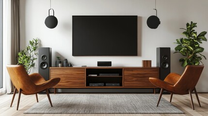 Modern Living Room Home Theater Setup with Brown Leather Chairs