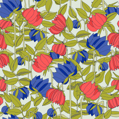 Seamless pattern with hand drawn meadow bold flowers. Colorful illustrations on blue background for surface design and other design projects