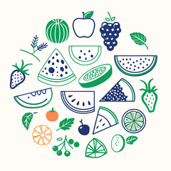 Adobe Illustrator ArtworkAssortment of healthy raw fruits and berries platter background, strawberries raspberries oranges plums apples kiwis grapes blueberries, mango, top view, selective focus Set o