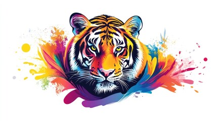 Colorful tiger head, vibrant splash art, white background, design element
